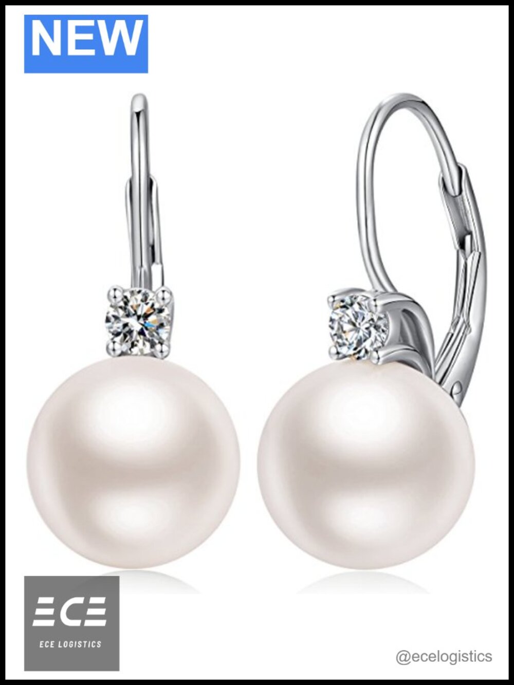 925 Sterling Silver Pearl Leverback Earrings Cubic Zirconia Drop Dangle